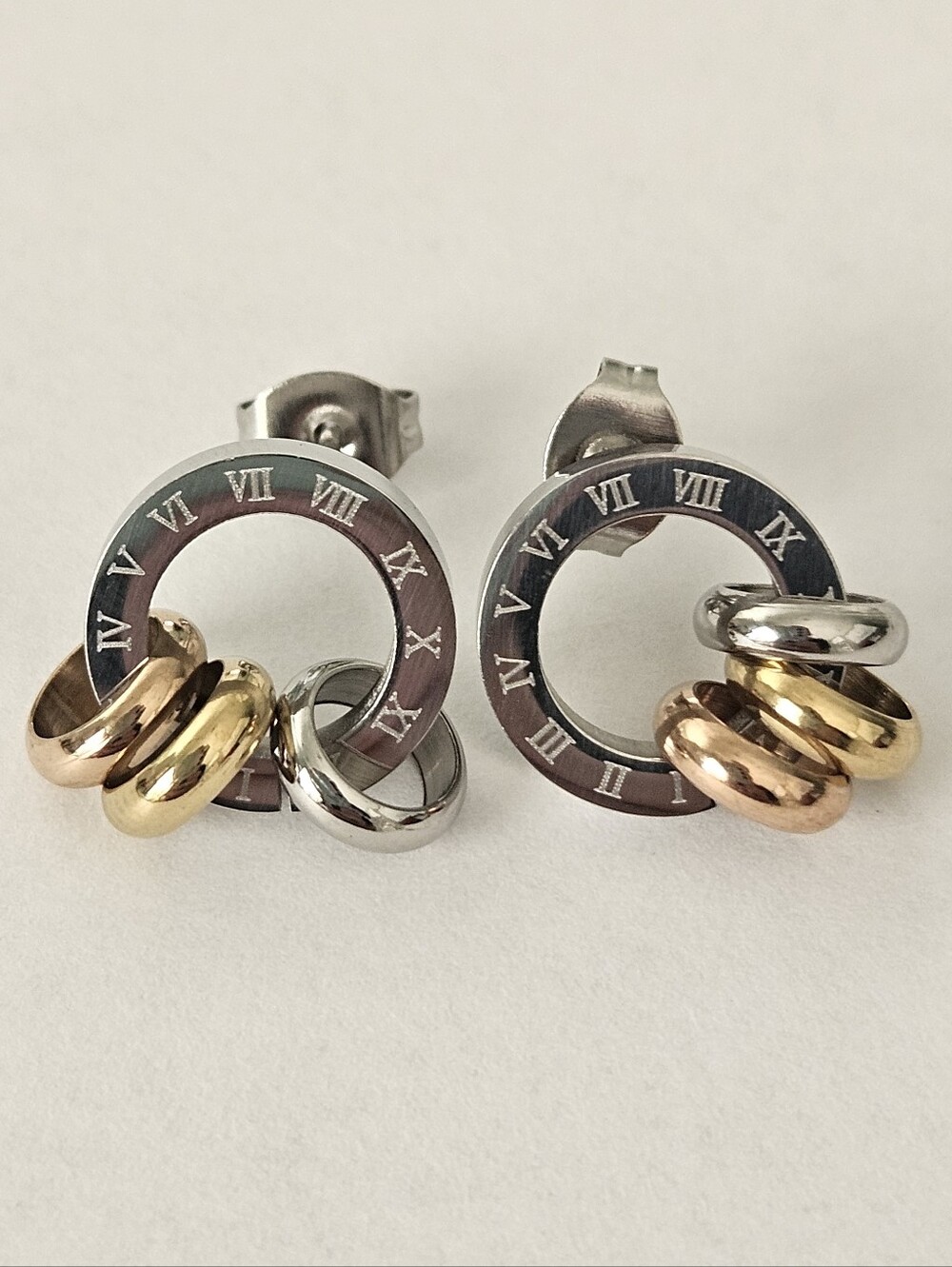NWT Two-Tone Hoop Stud Earrings Stainless Steel Gold Silver Rose Gold Modern